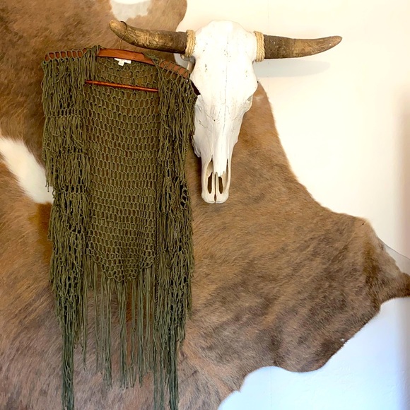 Olive Boho Fishnet Fringe Vest